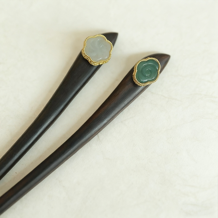 黒檀木のかんざしホータンヒスイのかんざし 黒檀 木製簪 和装髪飾りヘアアクセサリー