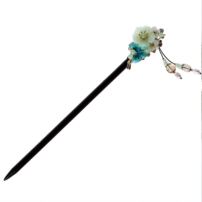 天然石による花と蝶のかんざし 檀木 木製１本かんざしお呼ばれ パーティー 七五三 卒業式 入園式 花嫁 ドレス 発表会 和装 洋装 髪飾り