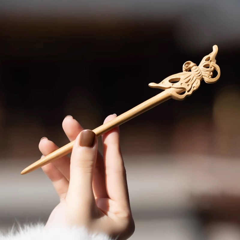 桃木かんざし 手作り スティック ピン 繊細 白鳥 蝶々 ヘアアクセサリー 婦人向け プレゼント