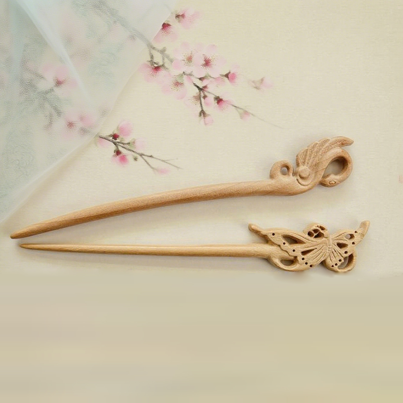 桃木かんざし 手作り スティック ピン 繊細 白鳥 蝶々 ヘアアクセサリー 婦人向け プレゼント