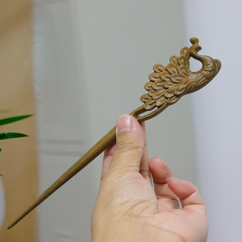 緑檀 かんざし 手作り スティック ピン 繊細 孔雀 ヘアアクセサリー 婦人向け プレゼント