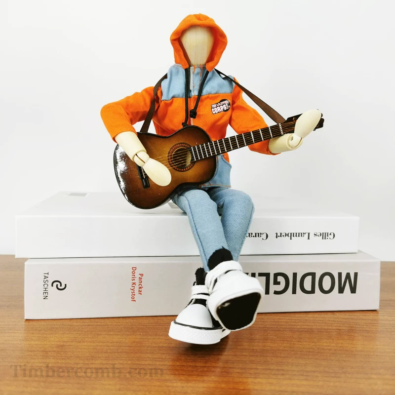 ギターを弾く木彫り人形 音楽モチーフのインテリア置物音楽テーマのユニークなデスクデコレーション