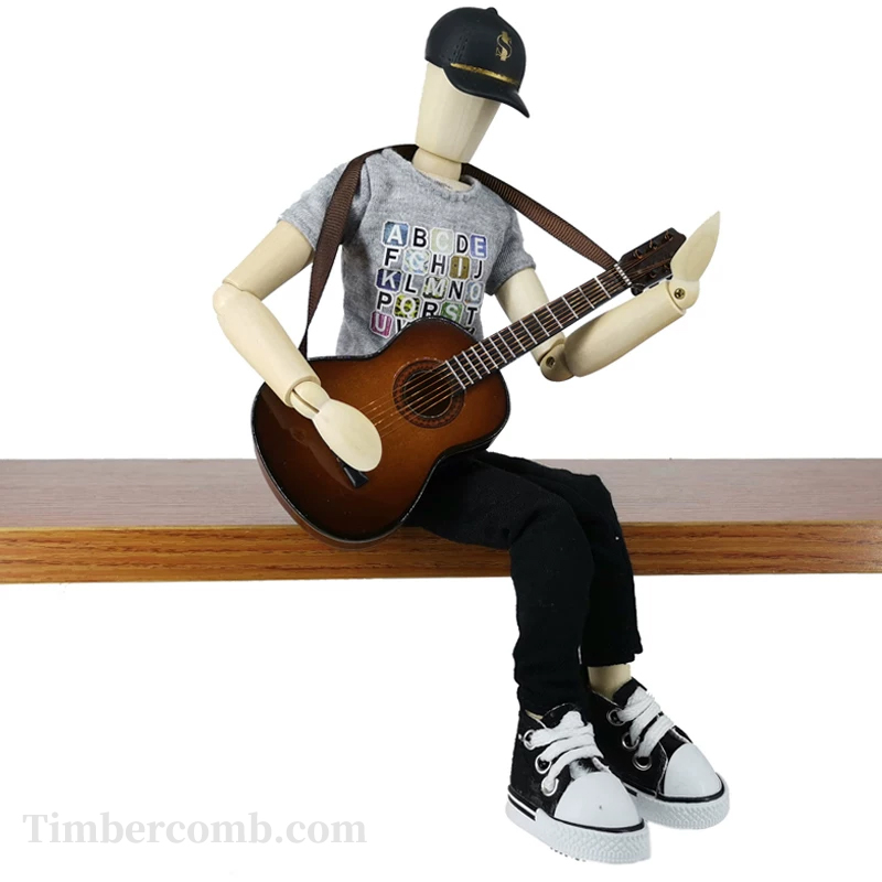 ギターを弾く木彫り人形 音楽モチーフのインテリア置物音楽テーマのユニークなデスクデコレーション