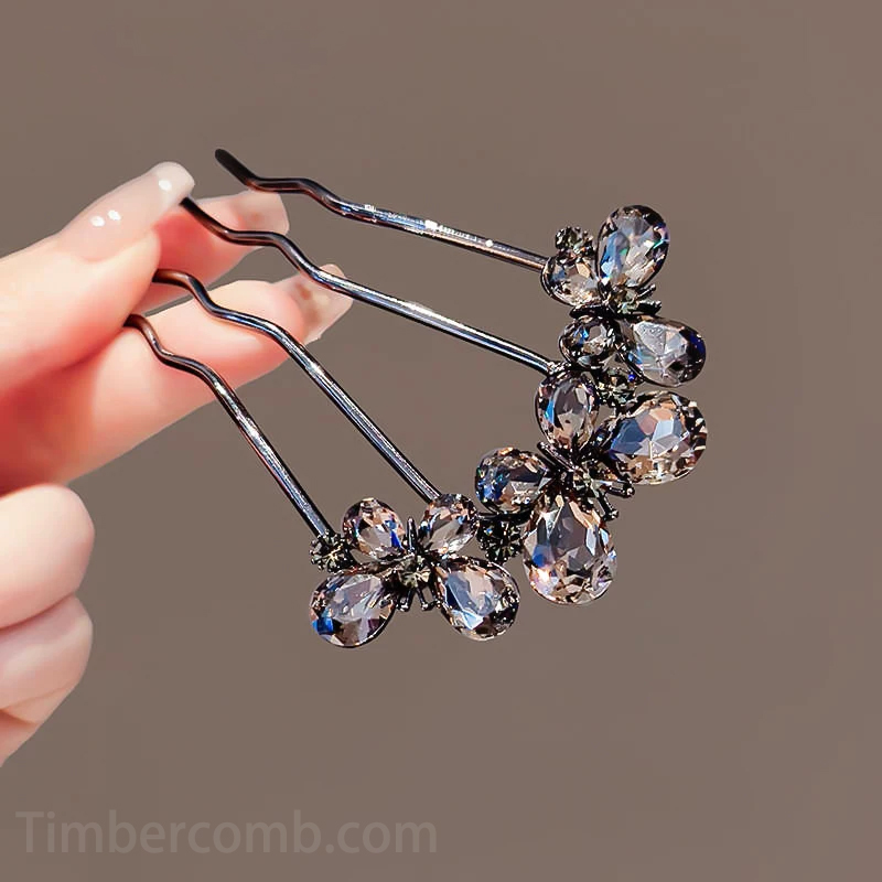 成人式髪飾りブラックコーティング 水蝶々 4 本歯 U 字型かんざし和装 ヘアアクセサリー ヘアコーム まとめ髪 おしゃれ