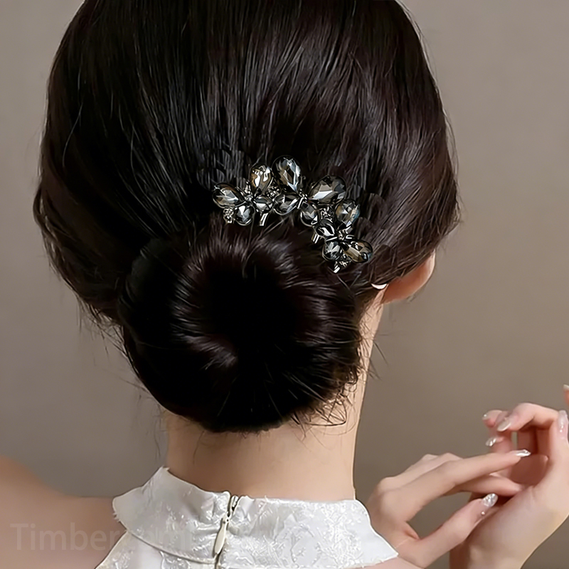 成人式髪飾りブラックコーティング 水蝶々 4 本歯 U 字型かんざし和装 ヘアアクセサリー ヘアコーム まとめ髪 おしゃれ