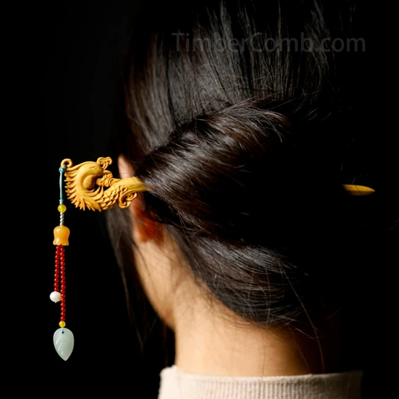 つげ木彫刻 龍鳳 デザイン 櫛と簪セット 伝統工芸 桐箱入りギフト天然