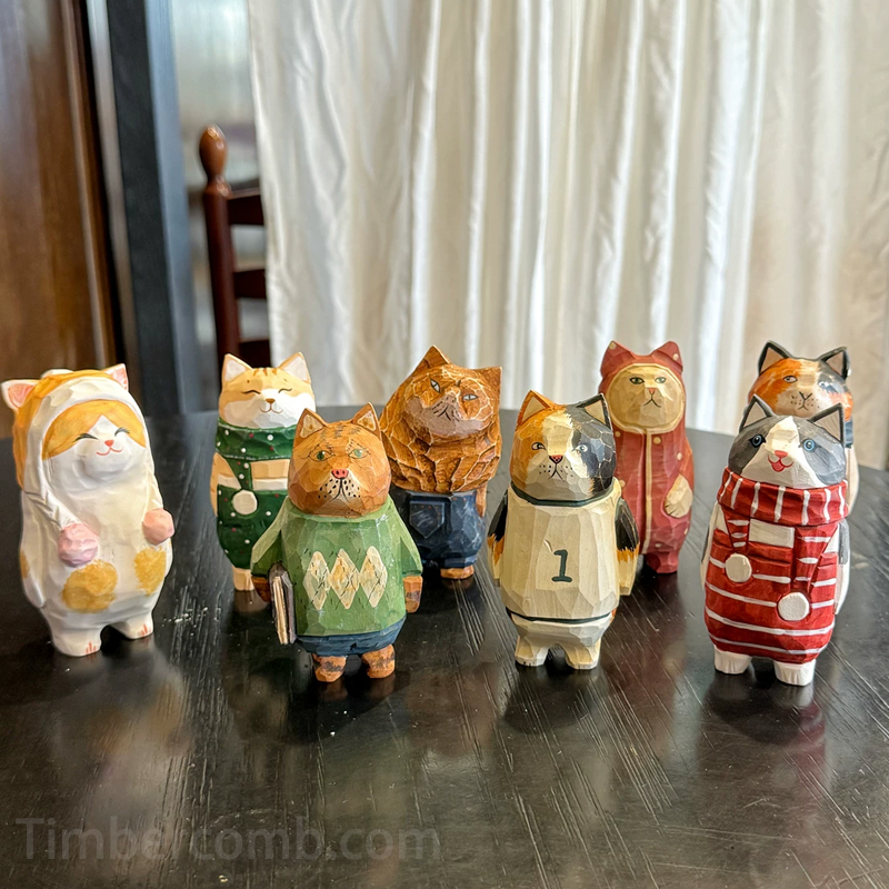 木彫り猫の置物 レトロ風ヴィンテージ 手彫り 木製動物 癒し系クリエイティブインテリア 卓上飾り工芸品