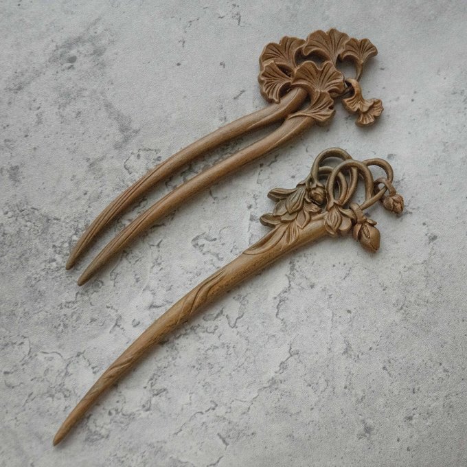 木彫りかんざし 高級木材 1本かんざし 両面彫り 銀杏 木蓮 檀木 簪 和装 洋装 髪飾り