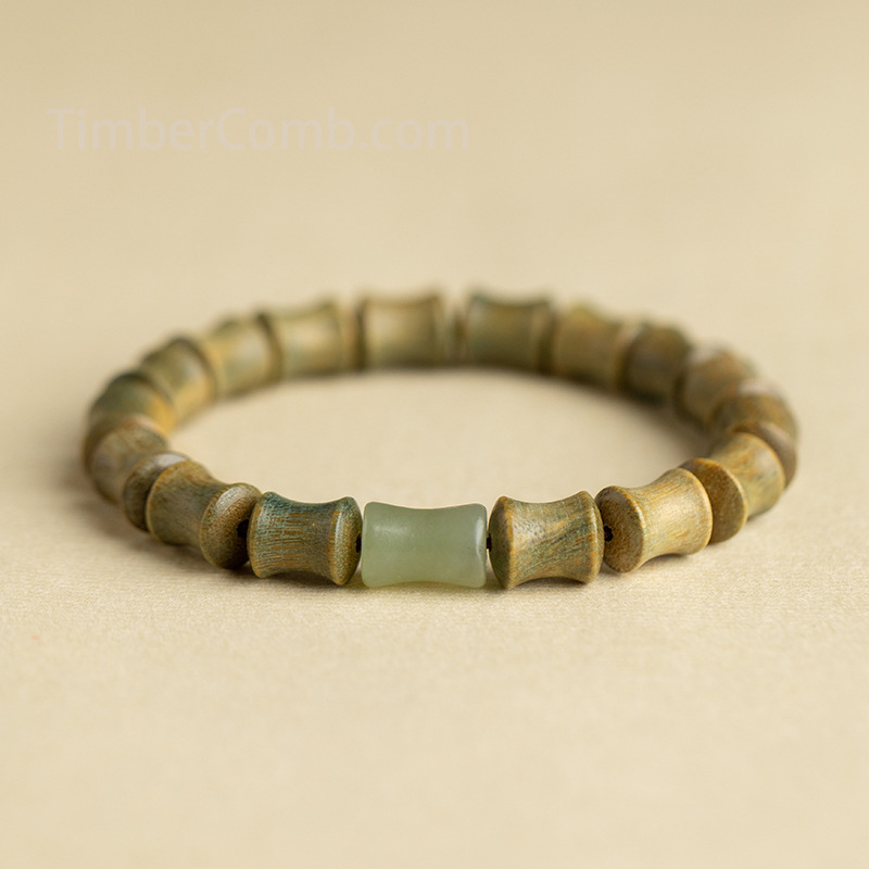 天然緑檀木×ホータン玉 竹節開運ブレスレット～昇運を刻む チベット文様ユニセックスデザイン～-木彫り高級人気専門店