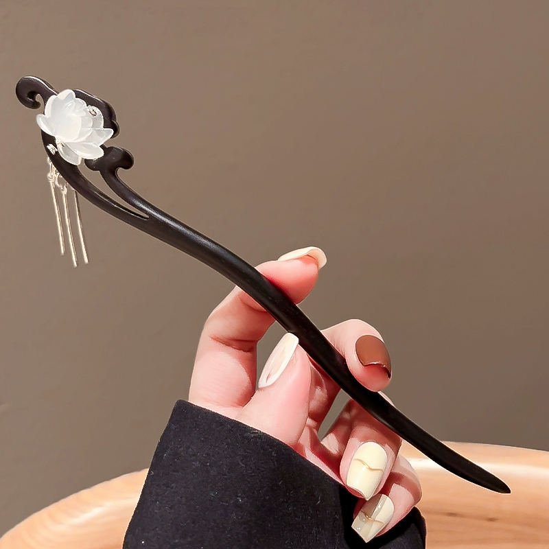 蓮花檀木製の歩揺付き房飾りかんざし日常にもシンプルに着用できる高級感ある女性用ヘアアクセサリー-木彫り高級人気専門店