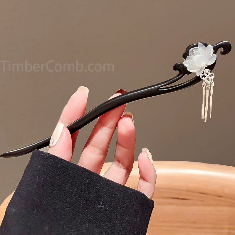 蓮花檀木製の歩揺付き房飾りかんざし日常にもシンプルに着用できる高級感ある女性用ヘアアクセサリー-木彫り高級人気専門店