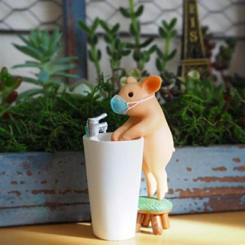 豚の置物 手洗いwithマスクオーナメント綺麗 ミニサイズ ブタのオブジェ 樹脂製 癒される 可愛い ピンク ブタ