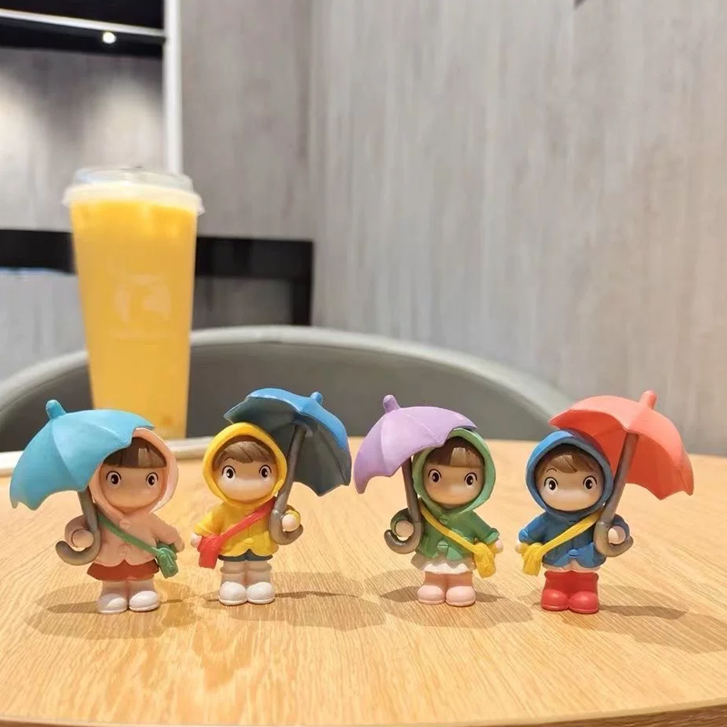インスタ風の可愛いキャラクター傘をさす人々置物 - オフィスデスクを癒す卓上ミニチュア景観