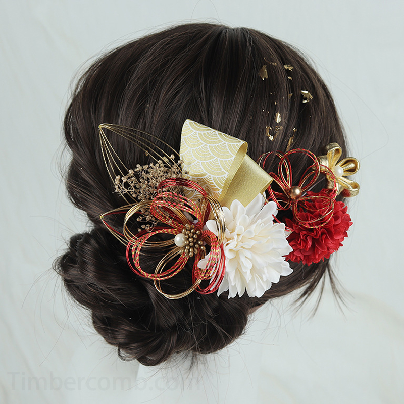 成人式髪飾り 和装 結婚式 卒業式 造花飾り 金色 紫 水引花 つまみ細工 ウェディング 花 着物 手作り ヘアアクセサリー 