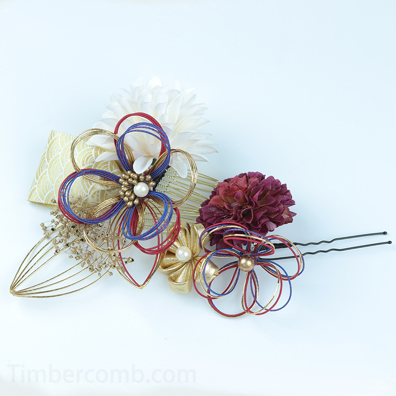 成人式髪飾り 和装 結婚式 卒業式 造花飾り 金色 紫 水引花 つまみ細工 ウェディング 花 着物 手作り ヘアアクセサリー 
