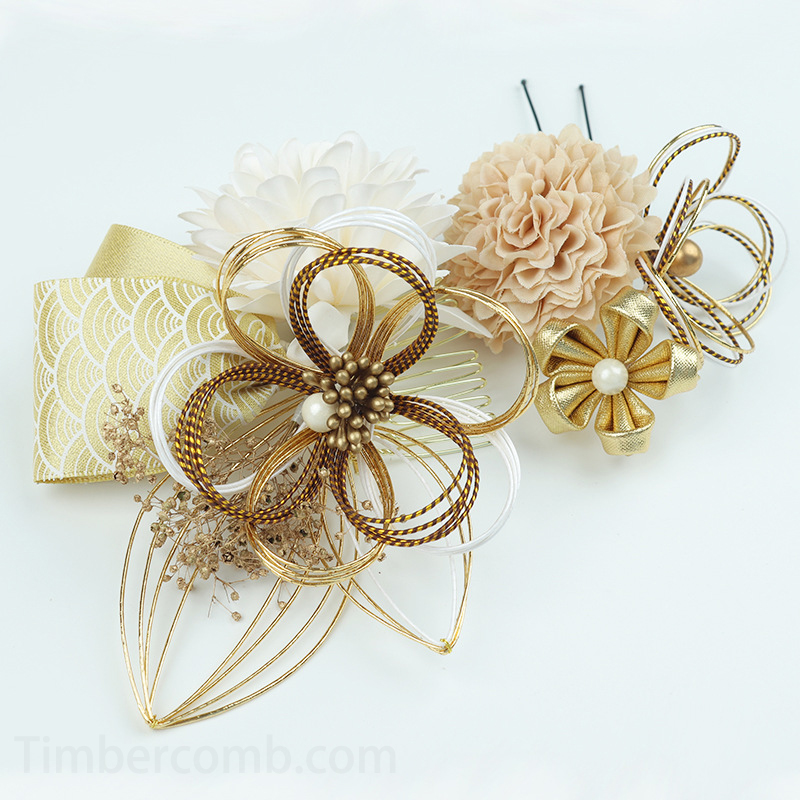 成人式髪飾り 和装 結婚式 卒業式 造花飾り 金色 紫 水引花 つまみ細工 ウェディング 花 着物 手作り ヘアアクセサリー 
