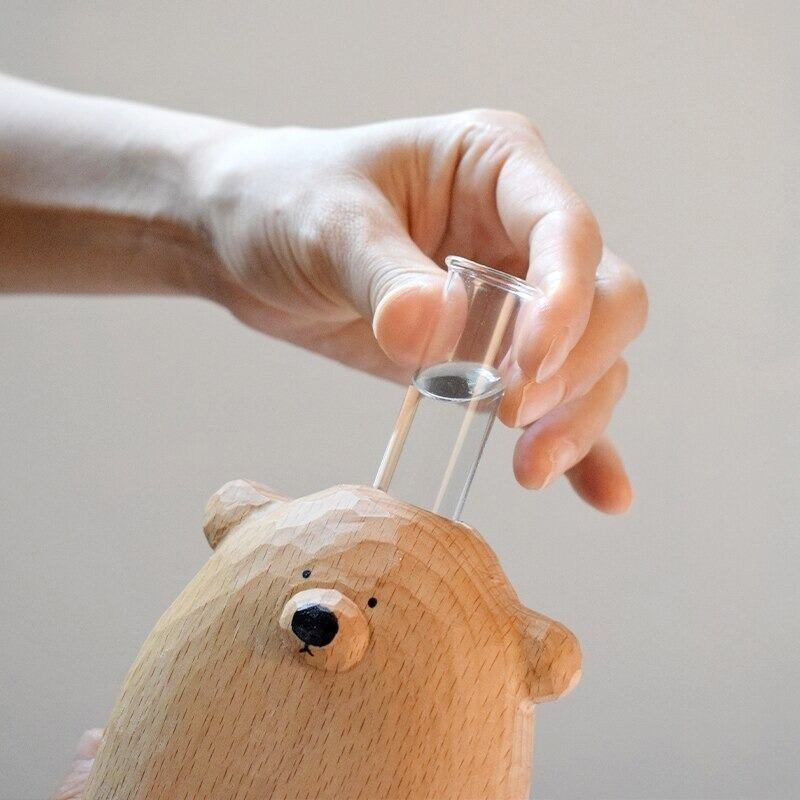 木彫り クマ フラワーベースの置物 贈り物 デスクトップ 部屋飾り物 木製オブジェ トリ 置物 天然木 ハンドメイド