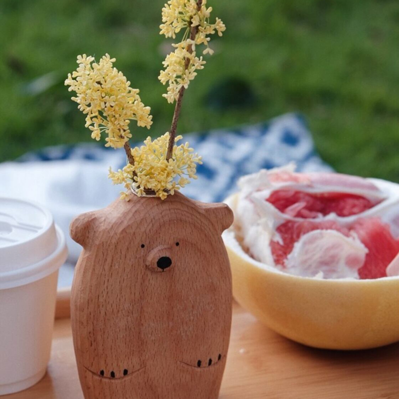 木彫り クマ フラワーベースの置物 贈り物 デスクトップ 部屋飾り物