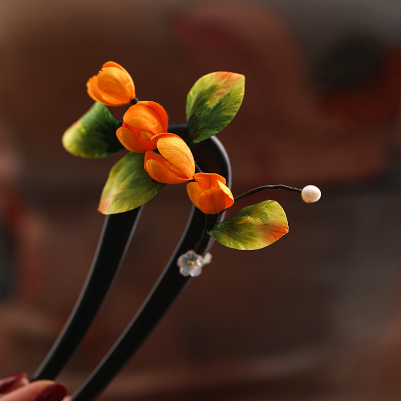 高級感 髪飾り かんざし Uピン 簪  ビロード花 手作り 天然檀木 普段使い 結婚式 浴衣 和装