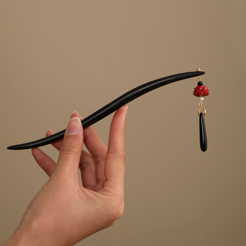 黒檀の蓮の花のかんざし 天然木 簪 辰砂 花 和装 洋装 髪飾り 普段使い 高級感