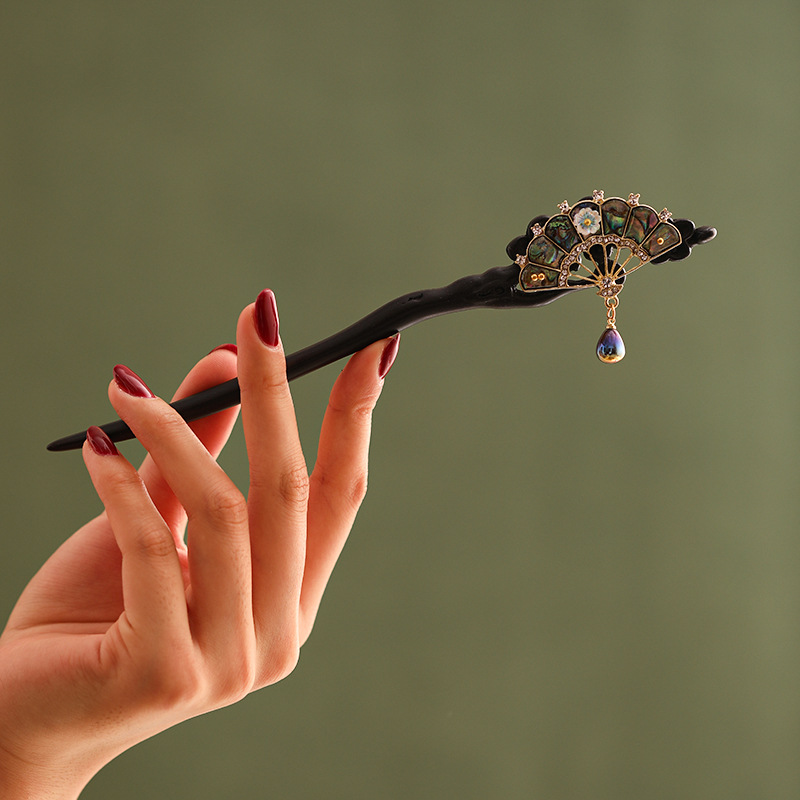 かんざし 一本差し 扇  簪 木製 黒壇 髪飾り 黒檀簪 普段使い 和装 結婚式 黒留袖 振袖 黒留袖 シンプル 