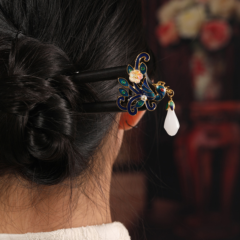  かんざし U字型 簪 檀木 孔雀モチーフ 桜 お花  ヘアピン 普段使い 和装小物 成人式 結婚式