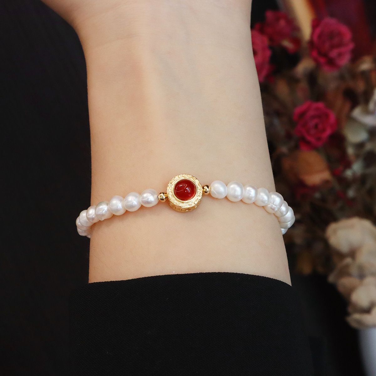 淡水パールブレスレット 真珠 天然石 南紅瑪瑙（ナンホンアガット）女性用 レディース プレゼント 