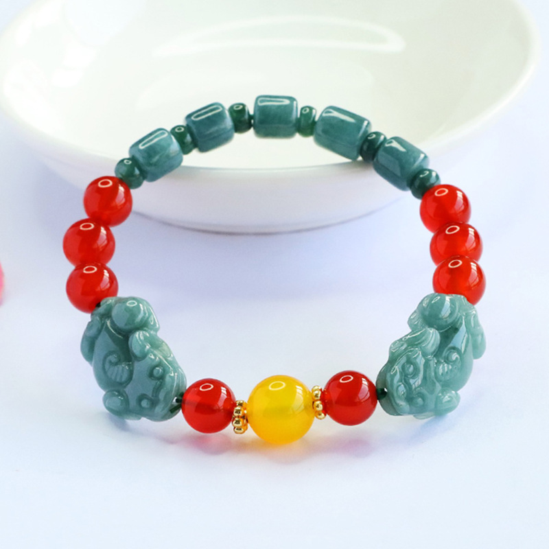 パワーストーン ブレスレット 天然石  本翡翠（ジェイド）貔貅 ヒキュウ 瑪瑙 腕輪ブレスレット 女性用 プレゼント