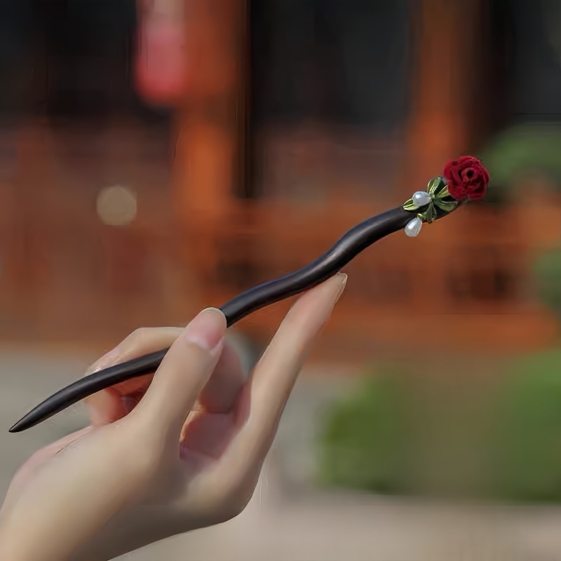 黒檀木 かんざし ビロードローズ 木簪 黒檀簪 一本差し 和装 髪飾り 普段使い