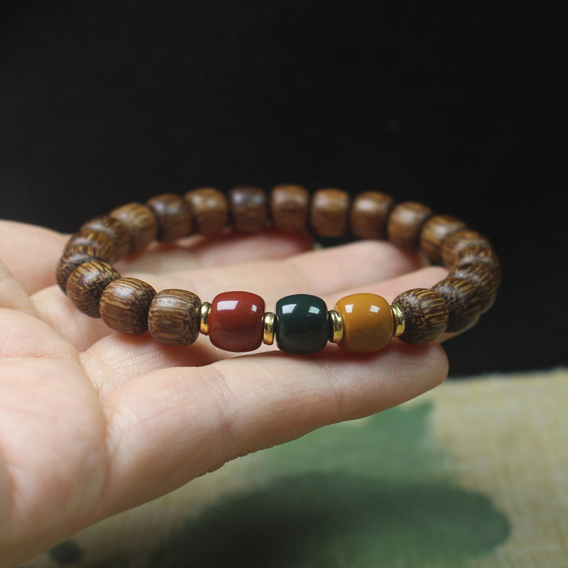 沉香木ブレスレット 老型珠 8mm 赤玉 黄玉 緑石 アガーウッド 天然木 ブレスレット 数珠ブレス  