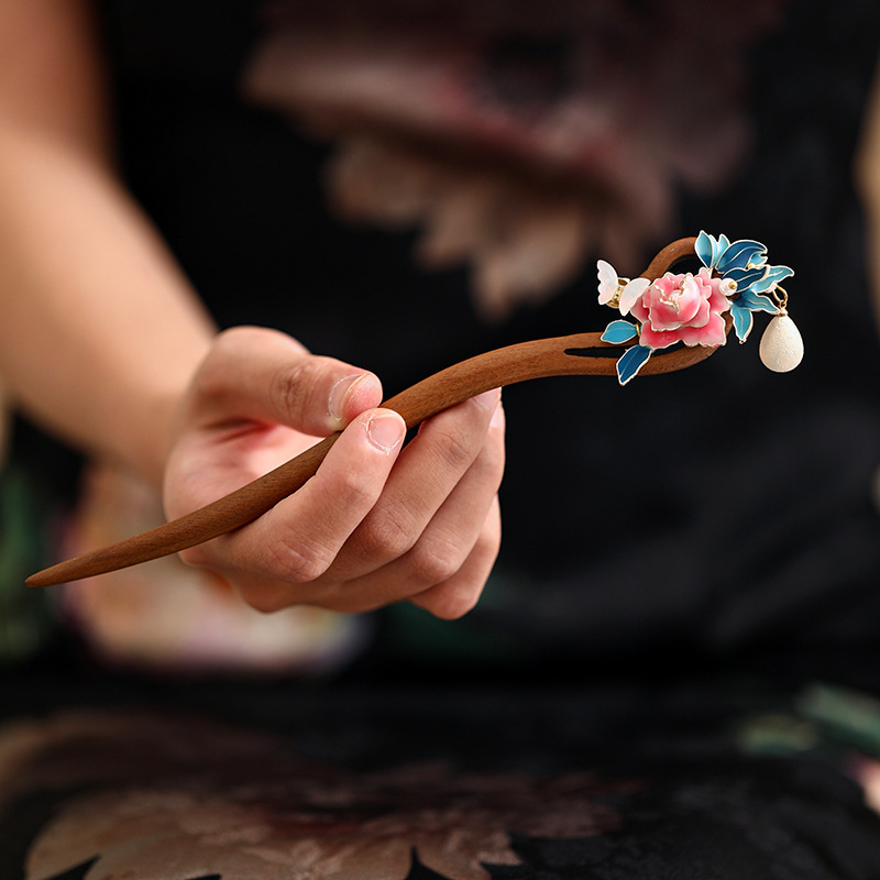 緑檀木 かんざし 天然木 牡丹 パール 簪 ヘアアクセサリー 髪まとめ お花 和装 髪飾り レディース