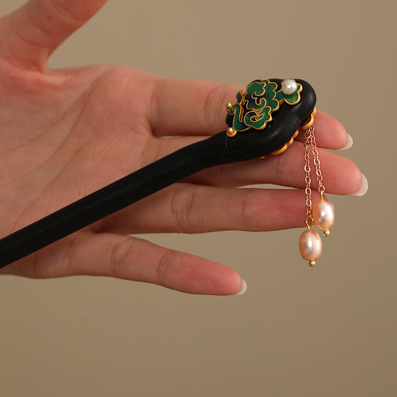 黒檀 かんざし 天然木 簪 雲柄 パール ヘアピン 和風 着物 浴衣 結婚式 パーティー 髪飾り
