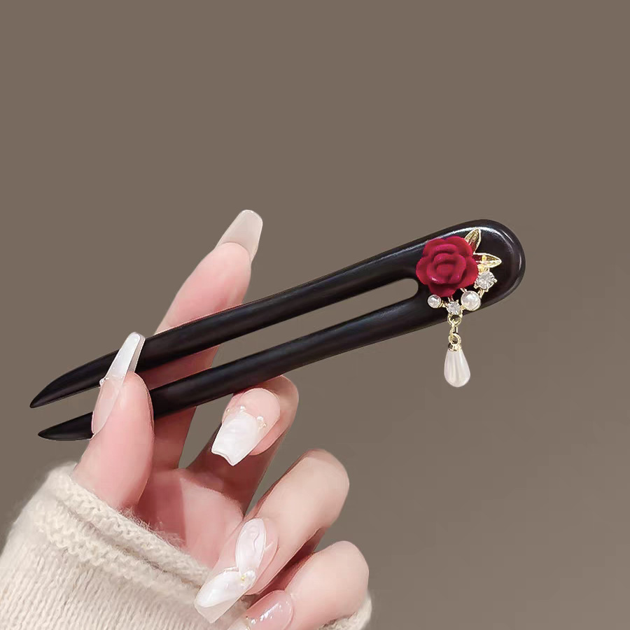  黒檀木 U字型 ローズのかんざし 木簪 ビロードローズ 髪飾り 和風 和装 普段使い 成人式 留袖用