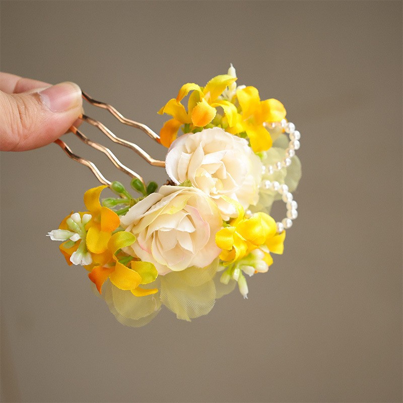 髪飾り 造花  かんざし ヘアコーム  簪 イエロー ホワイト パール 花ピン ヘアピン 髪飾り 振袖 和装 結婚式