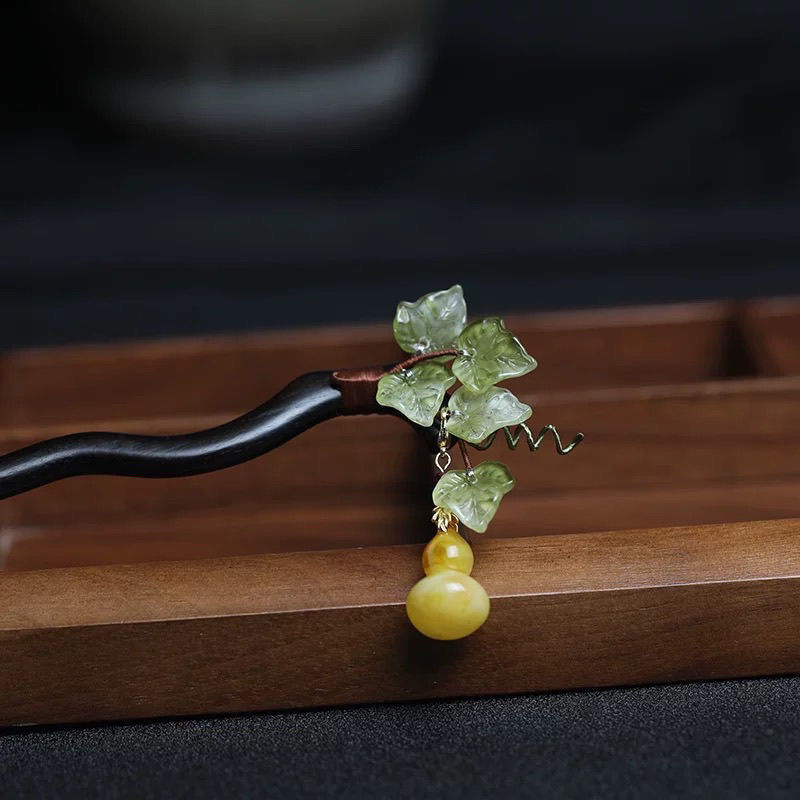 黒檀かんざし 天然木 簪 福禄ひょうたん ヘアスティック 一本挿し 髪飾り 和風 普段使い