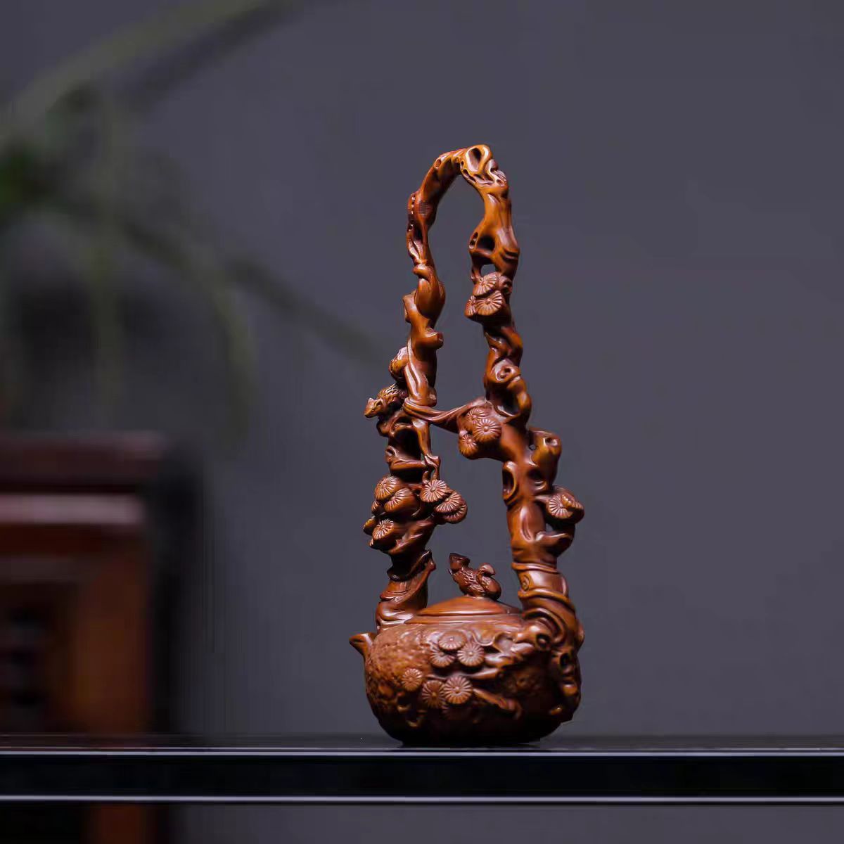 柘植 ツゲ 茶壷 急須 置物 木彫りオブジェ インテリア 小物 高12cm