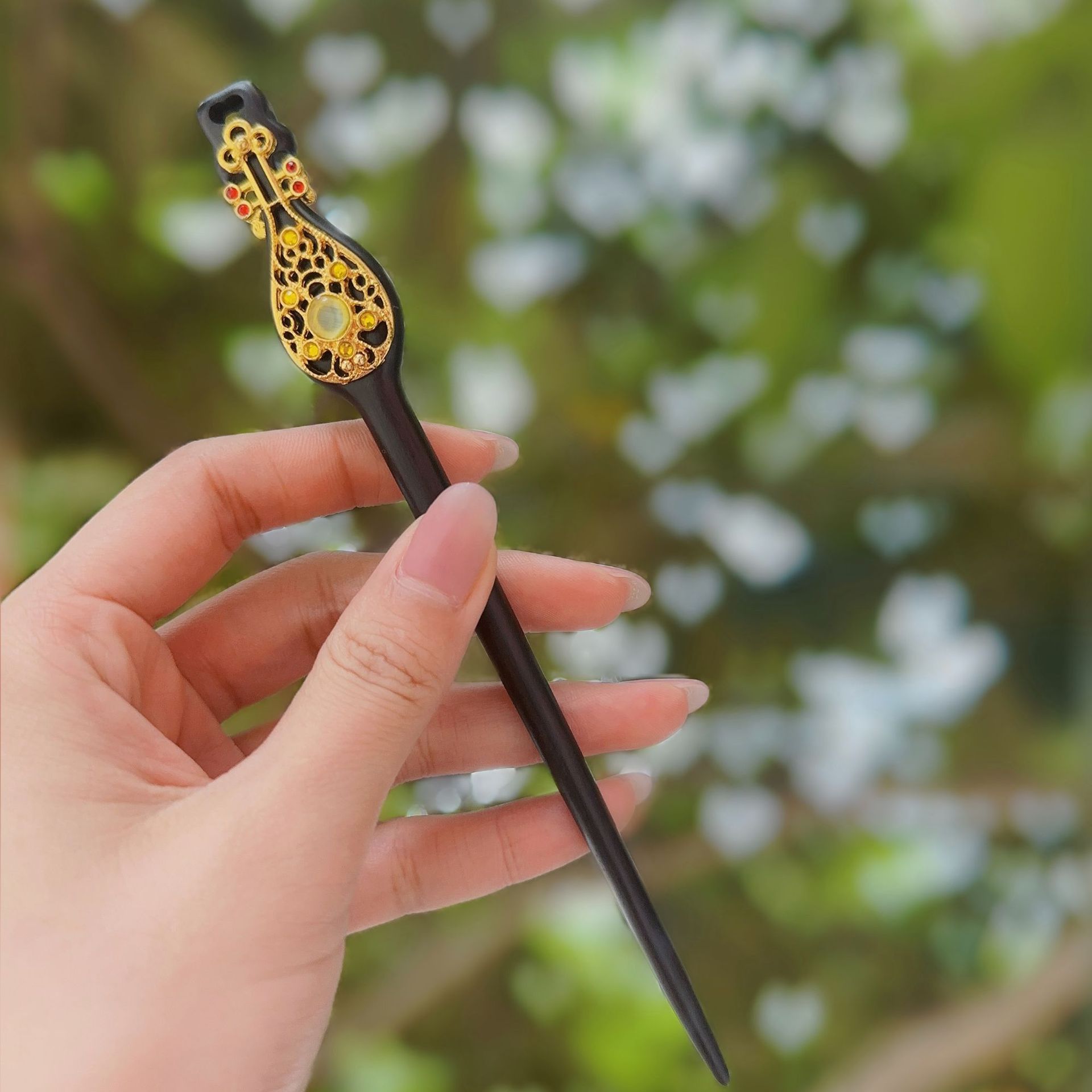 黒檀かんざし 天然木 簪 琵琶 びわ 一本挿し 髪飾り ヘアスティック 普段使い 和装 着物浴衣 中華風かんざし