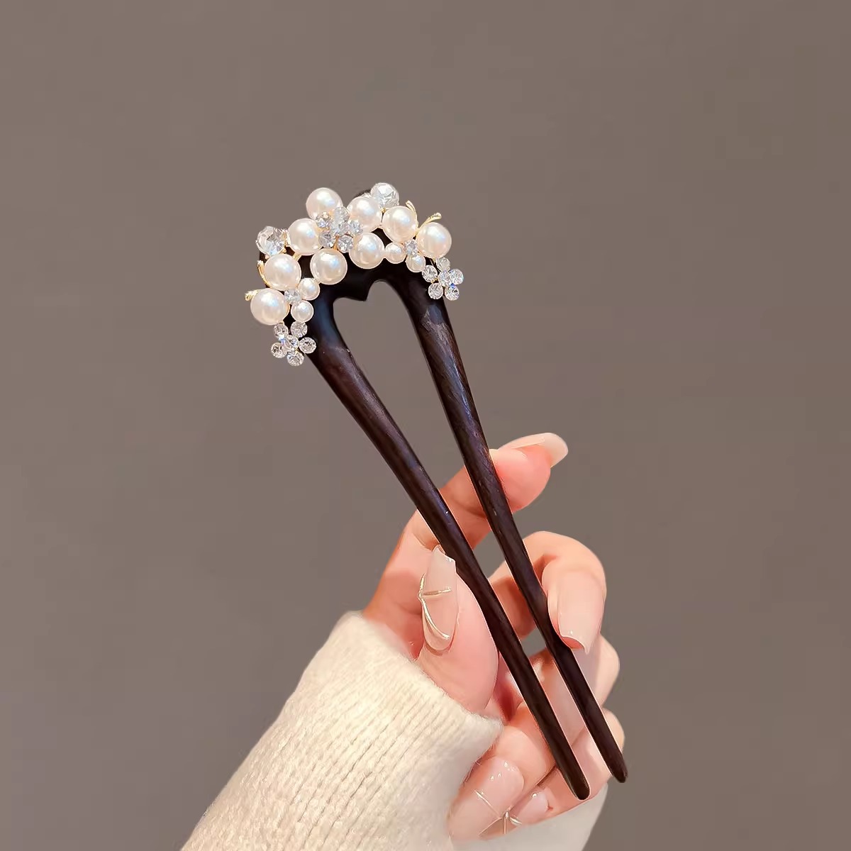 黒檀木 U字型 かんざし 簪 天然木 パール 髪飾り 和装 浴衣 着物 お守り