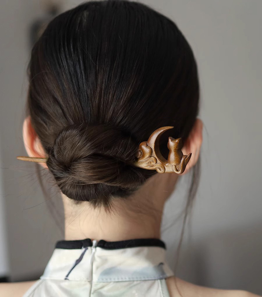 金糸檀木 かんざし 天然木 簪  月 猫 ヘアピン かわいい レディース 和風 浴衣 着物 髪飾り