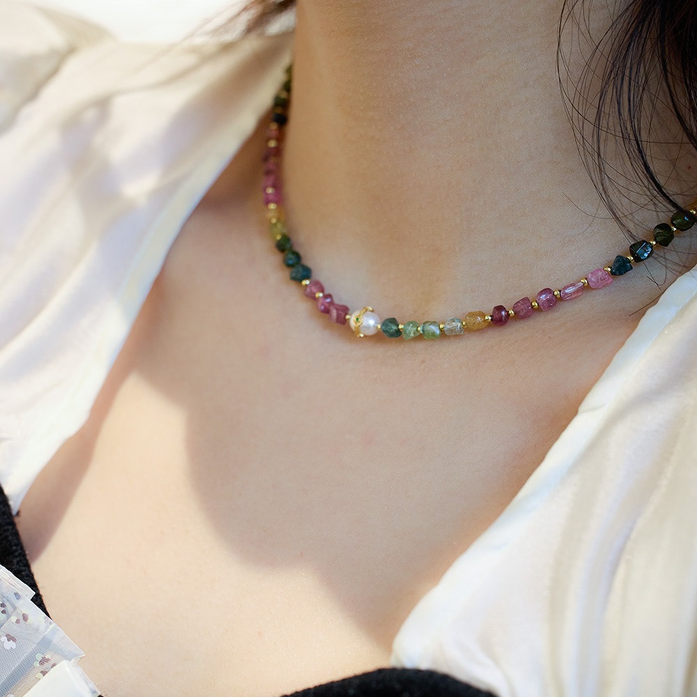 高品質 天然石 トルマリン ネックレス  マルチカラー 電気石 淡水パール レディース ジュエリー