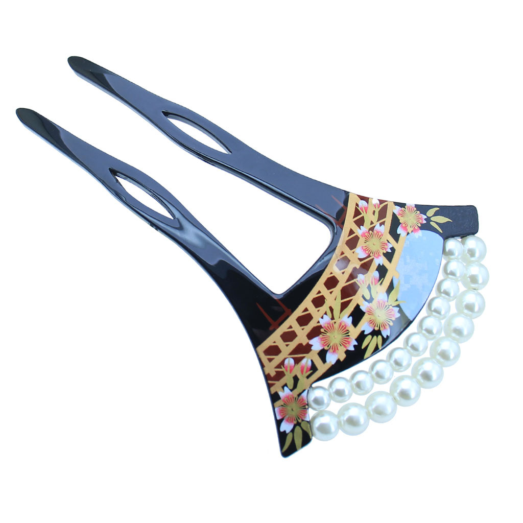 かんざし べっ甲風  髪飾り パール付き バチ型 簪 桜蒔絵 結婚式 和装 留袖