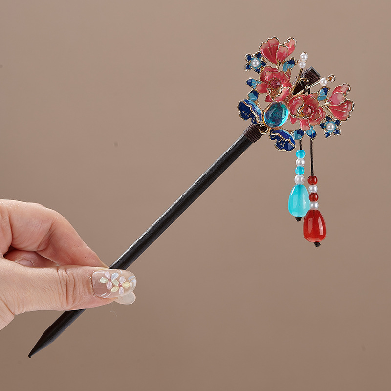 木製かんざし 木簪 七宝焼き 牡丹 かんざし  花飾り 一本差し普段使い 結婚式 