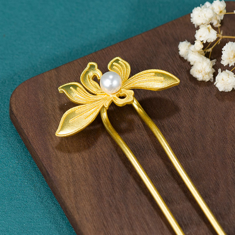  U字 かんざし ゴールド 蘭花 花魁 簪 Uピン パール 髪飾り ヘアアクセサリー 結婚式 入学式 卒業式 成人式 着物