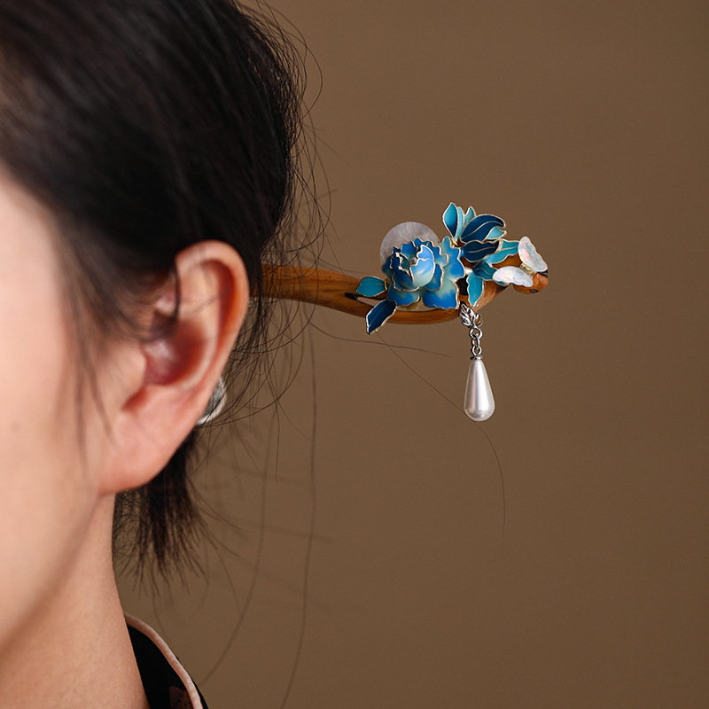 緑檀 かんざし 天然木 簪 一本差し 牡丹かんざし パール 髪飾り 女性用 和風 花柄 普段使い 結婚式 成人式 留袖式