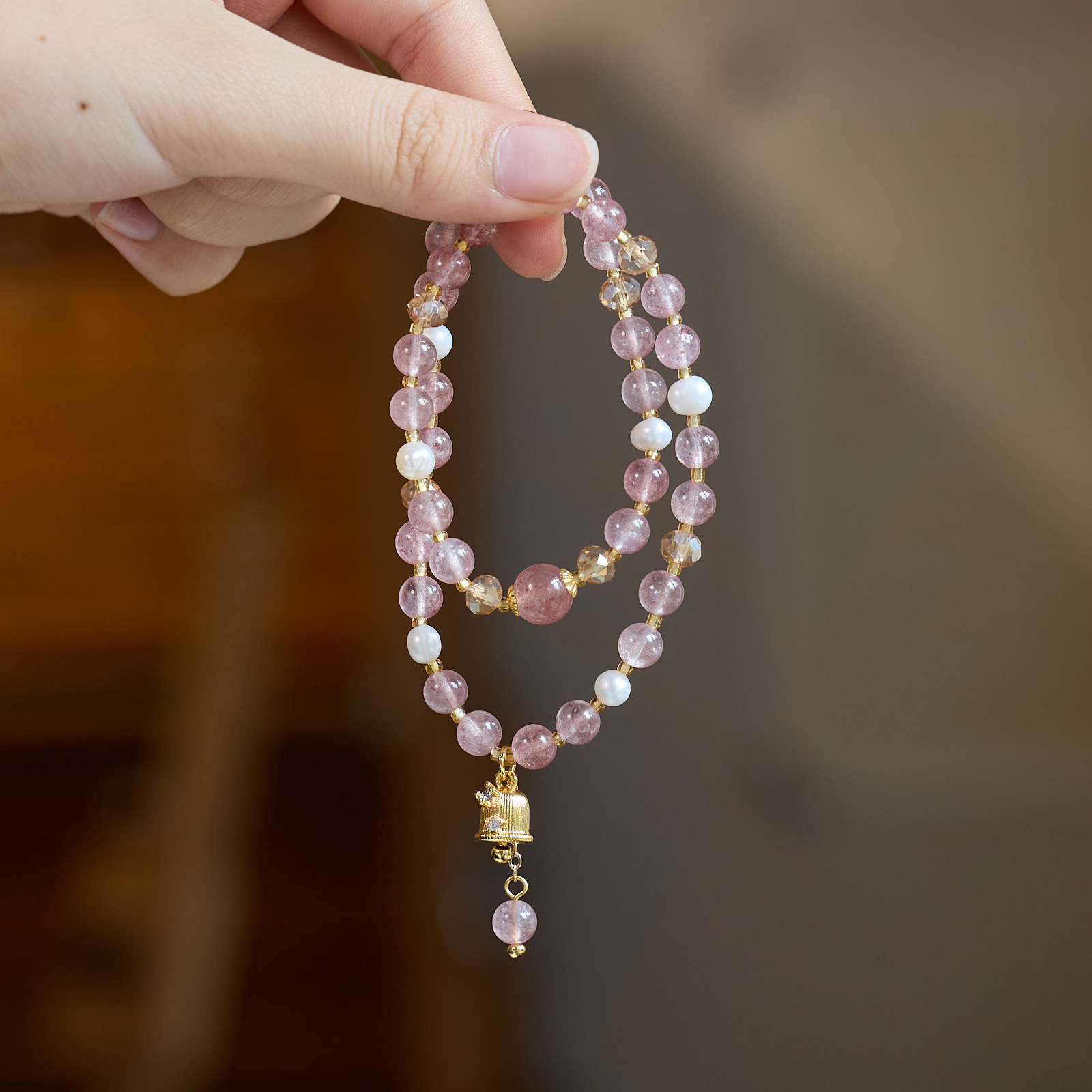 ストロベリークォーツ ブレスレット 6MM パワーストーン 天然石 真珠 2連 苺水晶 アクセサリー   