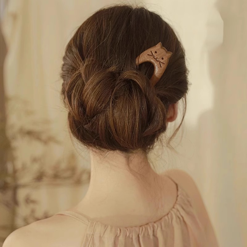 緑檀木 U字 かんざし 猫 モチーフ ネコ ねこ  木簪 かわいい お団子 ヘアピン 二股かんざし マーブル 和装