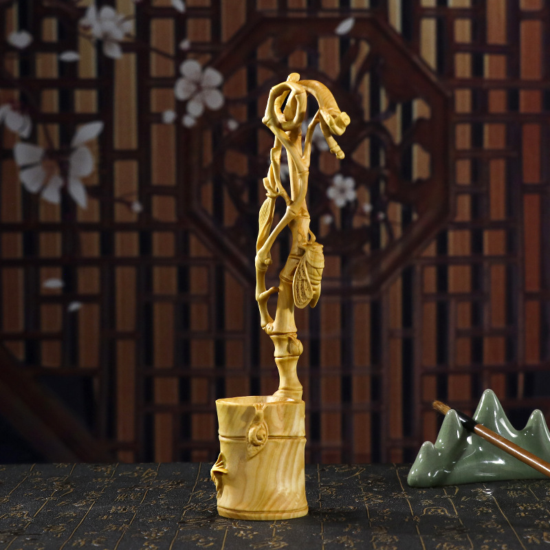 天然木 筆立 ペン立て 置物 柘植 つげ 竹 蝉 木彫り プレゼント