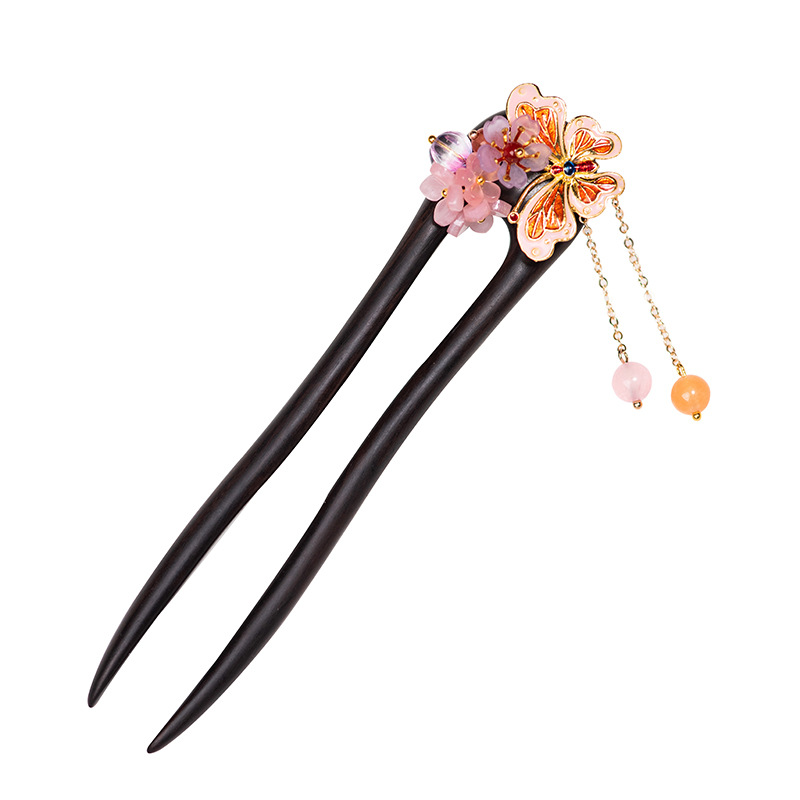 黒檀 U字かんざし 天然木 簪 蝶々 花飾り 成人式 髪飾り まとめ髪 和風 着物  