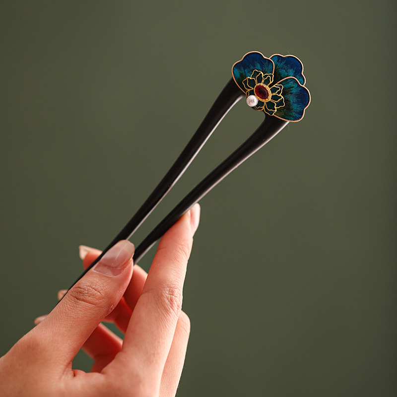 檀木 かんざし 天然木 黒檀簪 U字型 ベルベットフラワー 普段使い 成人式 留袖用 結婚式 ヘアピン