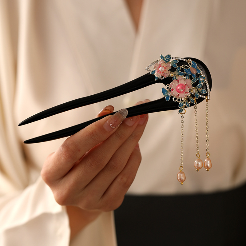 黒檀 U型かんざし 天然木  牡丹 淡水パール  Uピン 簪 和装 着物 成人式 結婚式 ヘアアクセサリー